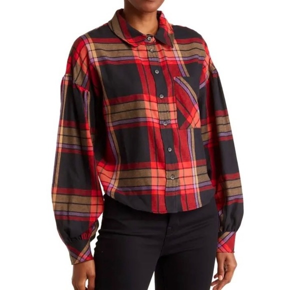 Sanctuary Colorful Plaid Red Black Puff Balloon Long Sleeve Buttondown Shirt L - Picture 3 of 11